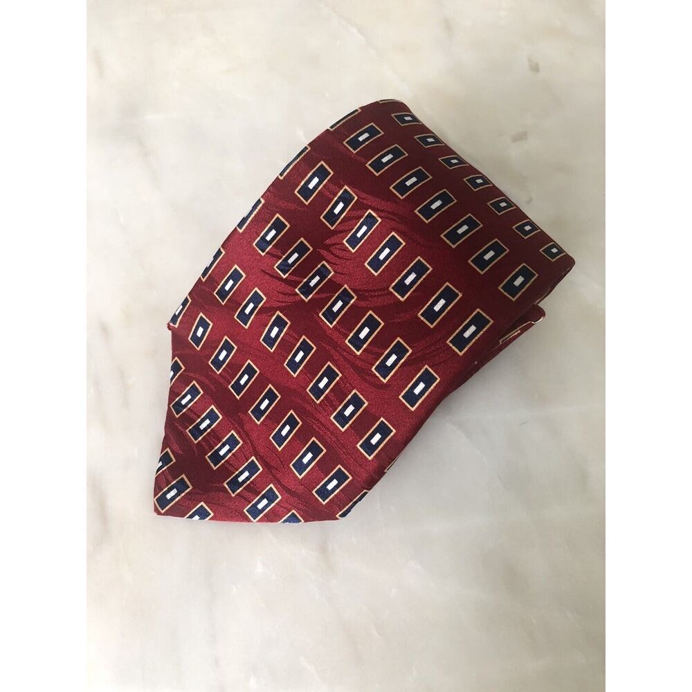 Umberto Bossi Silk Tie Gold Burgundy Red Black Geometric Men Necktie Italy 60x4